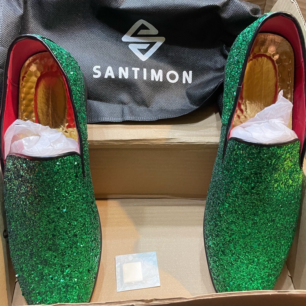 Santimon Men's Green Glitter Slip-On Loafers